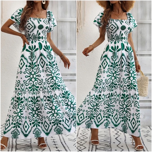 Boho Floral Print Shirred Butterfly Sleeve Dress - Picture 6 of 7